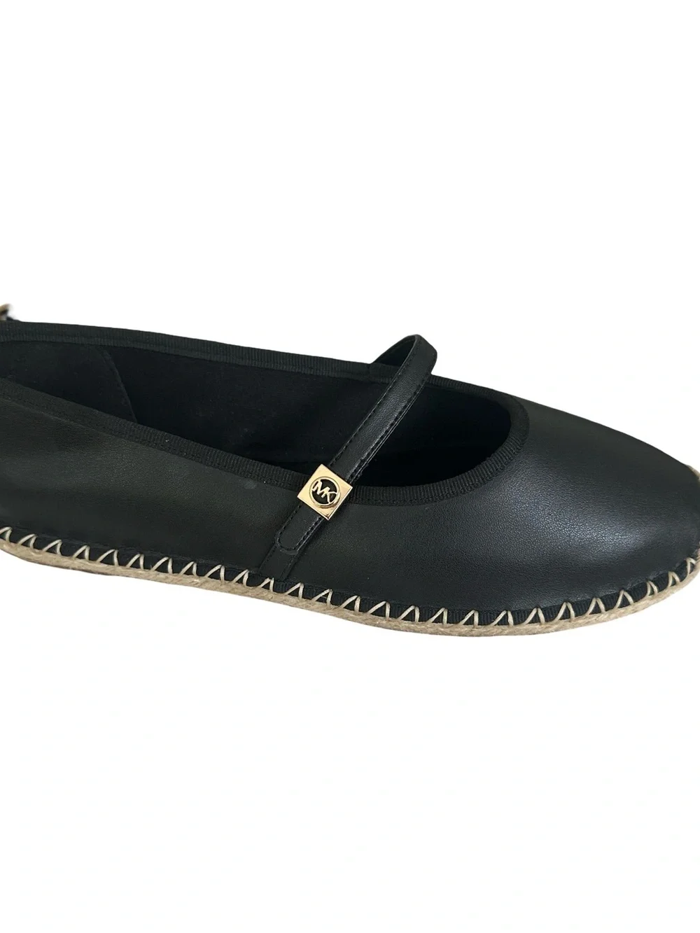 New Michael Kors Black Leather Mary Jane Espadrille Flats with Jute Trim Size 9.